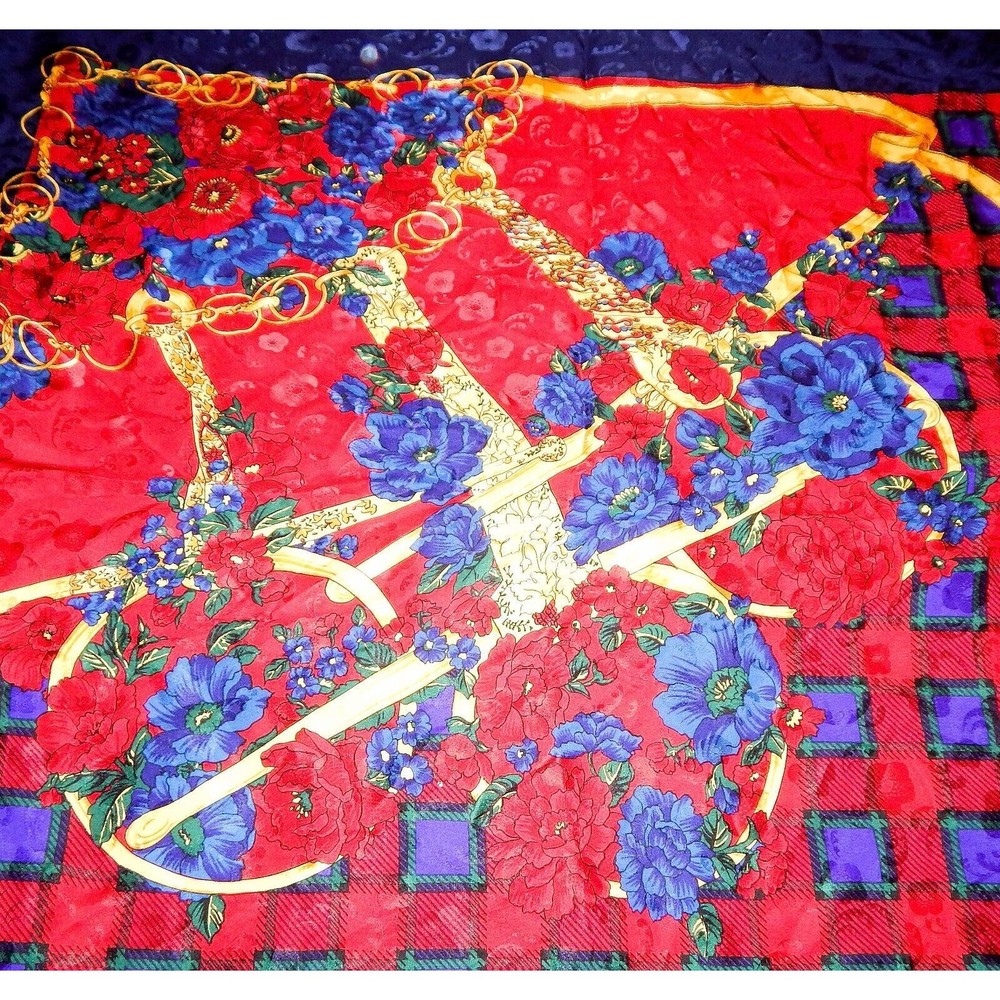 Ricki Freeman For Teri Jon Floral Silk Scarf Navy Red Gold Plaid Korea - Picture 4 of 16